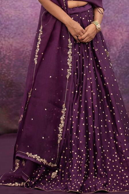 Shop_Deep Thee_Purple Silk, Organza, Velvet Bead Work, Thread Floral Embroidered Lehenga Set _Online_at_Aza_Fashions