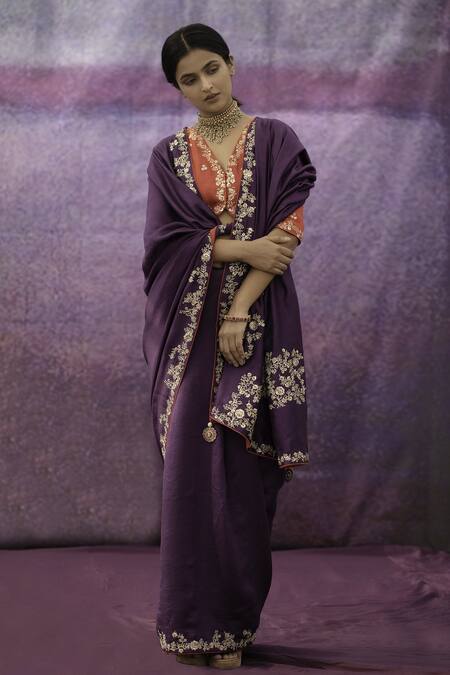 Deep Thee_Purple Silk Bead , Thread V Neck Floral Embroidered Saree With Blouse _Online_at_Aza_Fashions