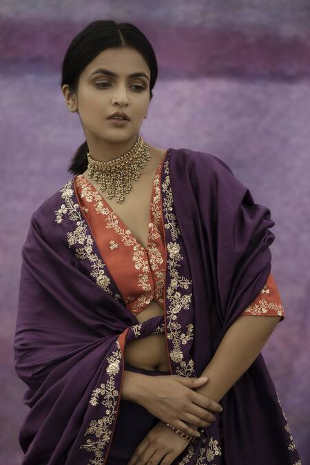 Shop_Deep Thee_Purple Silk Bead , Thread V Neck Floral Embroidered Saree With Blouse _Online_at_Aza_Fashions