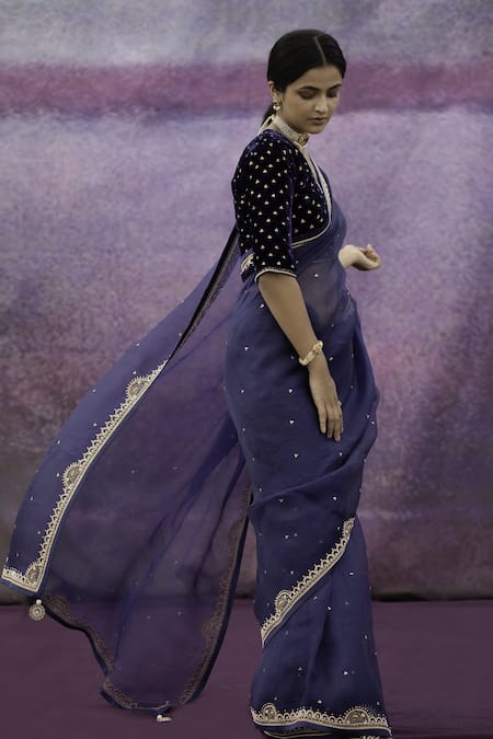 Shop Deep Thee Blue Organza, Velvet Bead , Thread Floral Embroidered Saree With Blouse at Aza Fashions Shop_Deep Thee_Blue Organza, Velvet Bead , Thread Floral Embroidered Saree With Blouse _at_Aza_Fashions