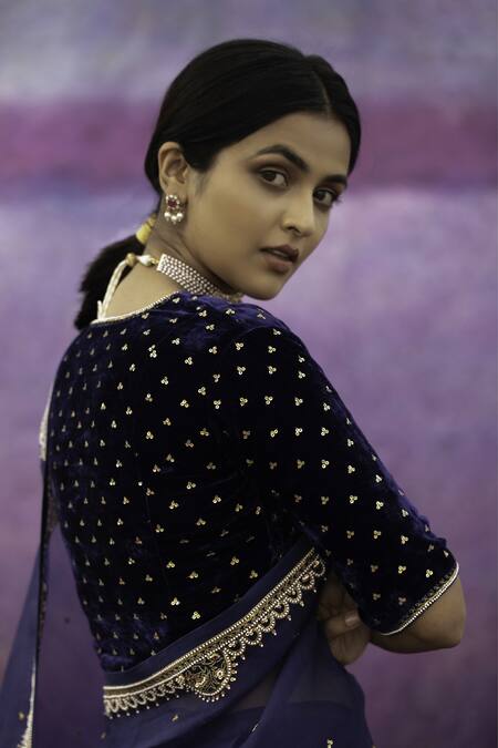 Shop Deep Thee Blue Organza, Velvet Bead , Thread Floral Embroidered Saree With Blouse Online at Aza Fashions Shop_Deep Thee_Blue Organza, Velvet Bead , Thread Floral Embroidered Saree With Blouse _Online_at_Aza_Fashions