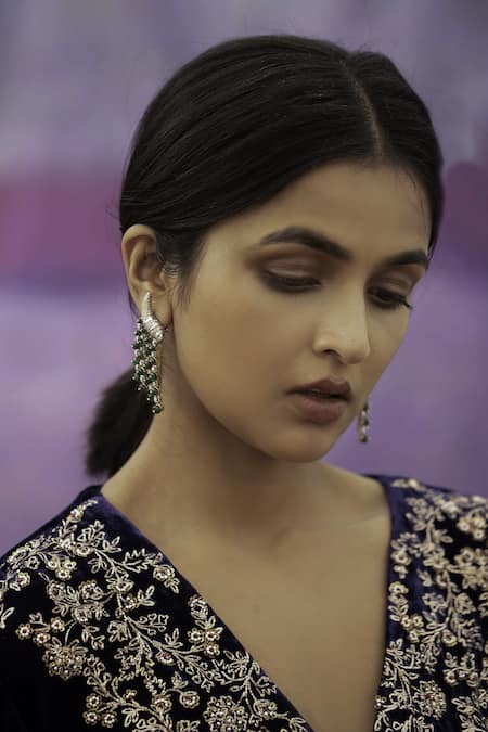 Deep Thee_Blue Organza, Velvet Bead , Thread V Neck Embroidered Kurta Set _at_Aza_Fashions