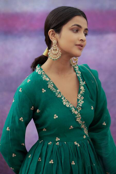 Shop Deep Thee Green Organza, Chanderi Bead , Thread Embroidered Anarkali Sharara Set Online at Aza Fashions Shop_Deep Thee_Green Organza, Chanderi Bead , Thread Embroidered Anarkali Sharara Set _Online_at_Aza_Fashions