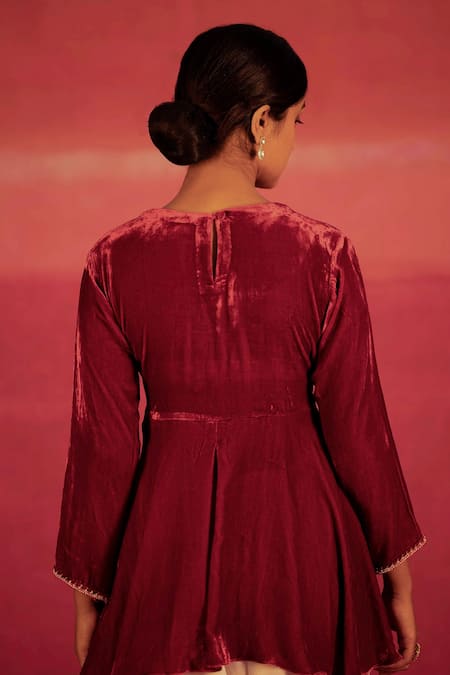 Shop Deep Thee Red Velvet, Satin Bead , Thread Embroidered Kurta And Dhoti Pant Set at Aza Fashions Shop_Deep Thee_Red Velvet, Satin Bead , Thread Embroidered Kurta And Dhoti Pant Set _at_Aza_Fashions