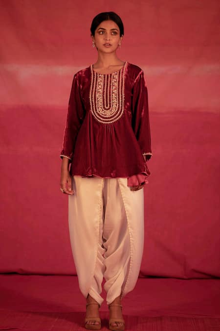 Deep Thee Red Velvet, Satin Bead , Thread Embroidered Kurta And Dhoti Pant Set Online at Aza Fashions Deep Thee_Red Velvet, Satin Bead , Thread Embroidered Kurta And Dhoti Pant Set _Online_at_Aza_Fashions