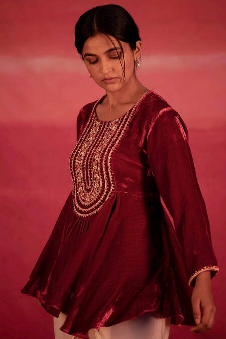 Buy Deep Thee Red Velvet, Satin Bead , Thread Embroidered Kurta And Dhoti Pant Set Online at Aza Fashions Buy_Deep Thee_Red Velvet, Satin Bead , Thread Embroidered Kurta And Dhoti Pant Set _Online_at_Aza_Fashions