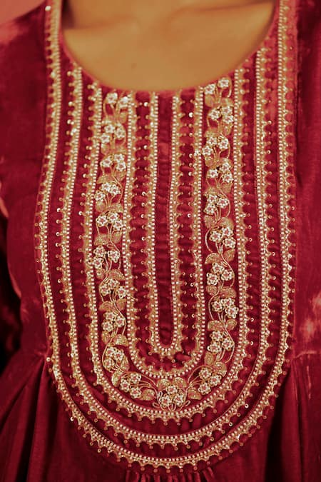 Deep Thee Red Velvet, Satin Bead , Thread Embroidered Kurta And Dhoti Pant Set at Aza Fashions Deep Thee_Red Velvet, Satin Bead , Thread Embroidered Kurta And Dhoti Pant Set _at_Aza_Fashions