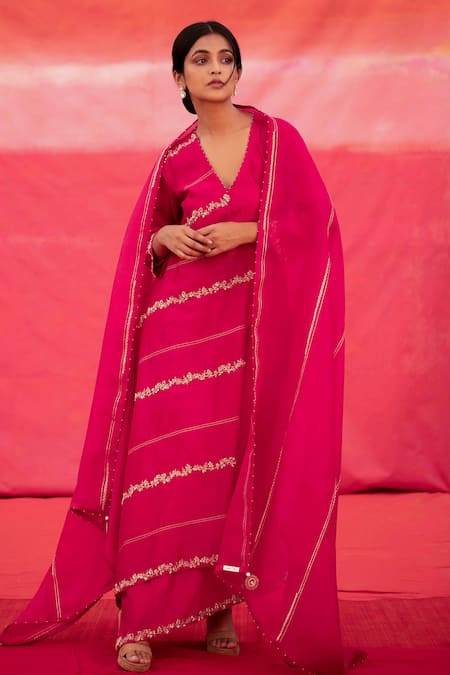 Deep Thee_Pink Organza, Chanderi Bead Work, Thread Embroidered Angrakha Kurta With Dupatta _Online_at_Aza_Fashions