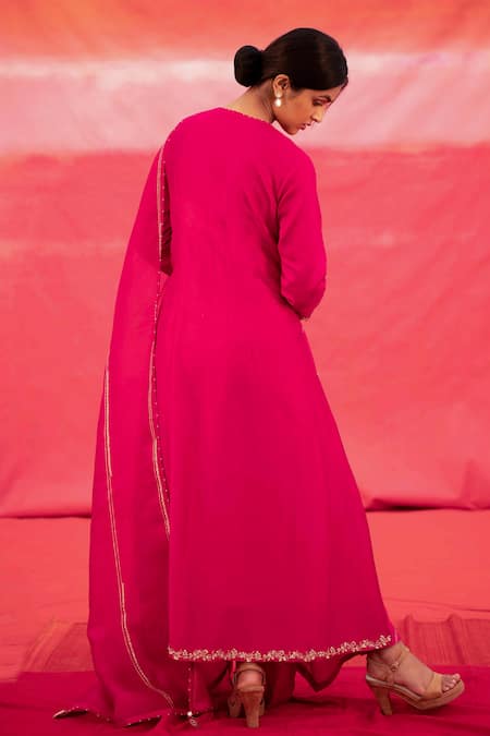 Shop_Deep Thee_Pink Organza, Chanderi Bead Work, Thread Embroidered Angrakha Kurta With Dupatta _at_Aza_Fashions
