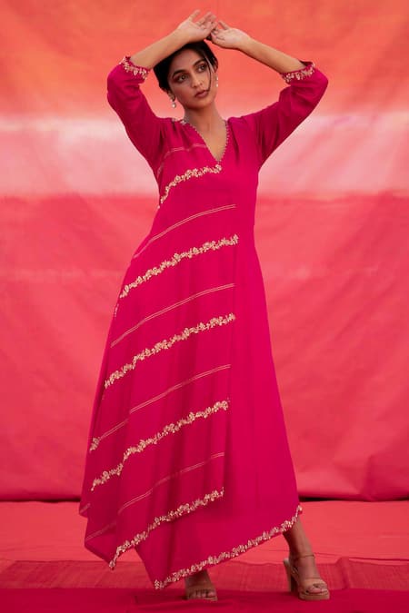 Buy_Deep Thee_Pink Organza, Chanderi Bead Work, Thread Embroidered Angrakha Kurta With Dupatta _Online_at_Aza_Fashions