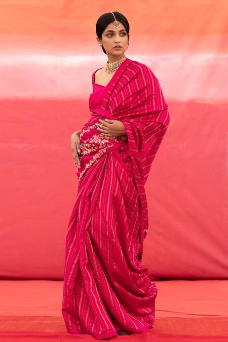 Deep Thee_Pink Silk Bead , Thread V Neck Floral Embroidered Saree With Blouse _Online_at_Aza_Fashions
