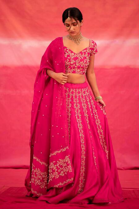 Buy_Deep Thee_Pink Silk, Organza Bead Work, Thread Work, Floral Jaal Embroidered Lehenga Set _Online_at_Aza_Fashions