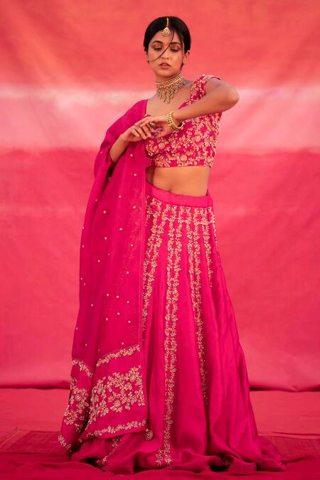 Shop_Deep Thee_Pink Silk, Organza Bead Work, Thread Work, Floral Jaal Embroidered Lehenga Set _Online_at_Aza_Fashions