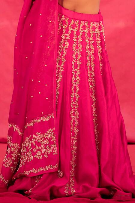 Deep Thee_Pink Silk, Organza Bead Work, Thread Work, Floral Jaal Embroidered Lehenga Set _at_Aza_Fashions