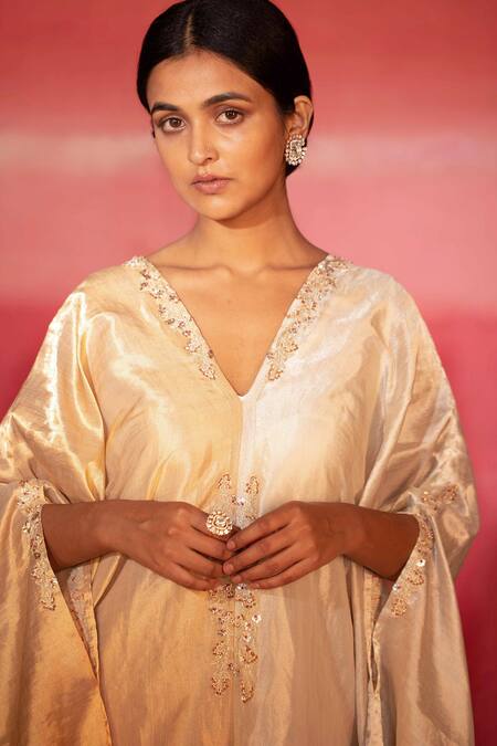 Deep Thee_White Silk Bead , Thread V Neck Embroidered Kaftan _Online_at_Aza_Fashions