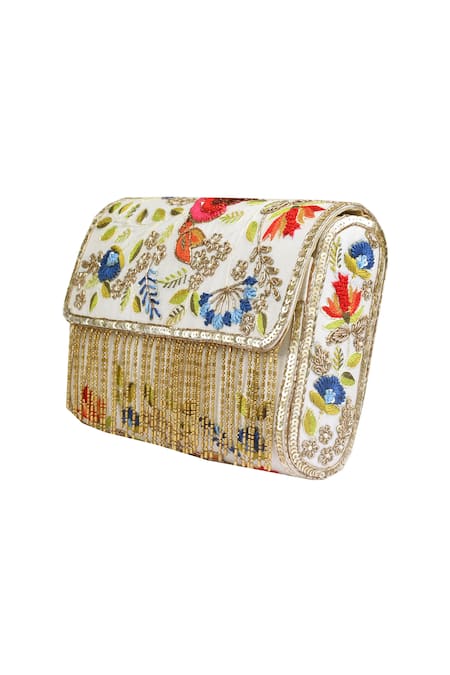 Priyanka Jain_White Embroidery, Beads Chanderi Tassel Flap Clutch _Online_at_Aza_Fashions