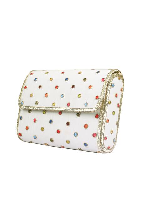 Priyanka Jain_White Embroidery, Beads Chanderi Flap Clutch _Online_at_Aza_Fashions
