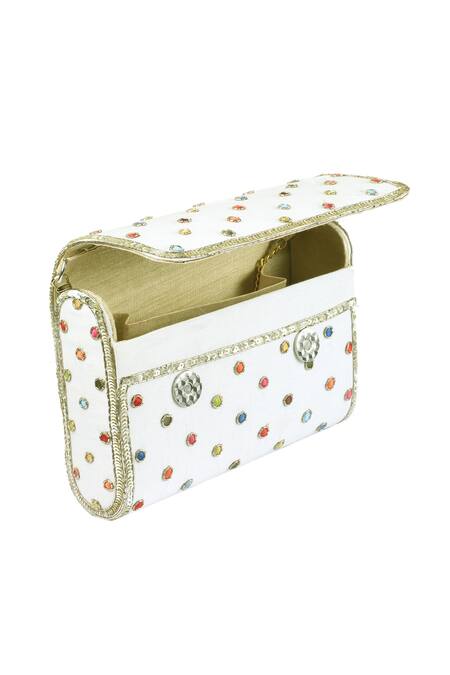 Buy_Priyanka Jain_White Embroidery, Beads Chanderi Flap Clutch _Online_at_Aza_Fashions