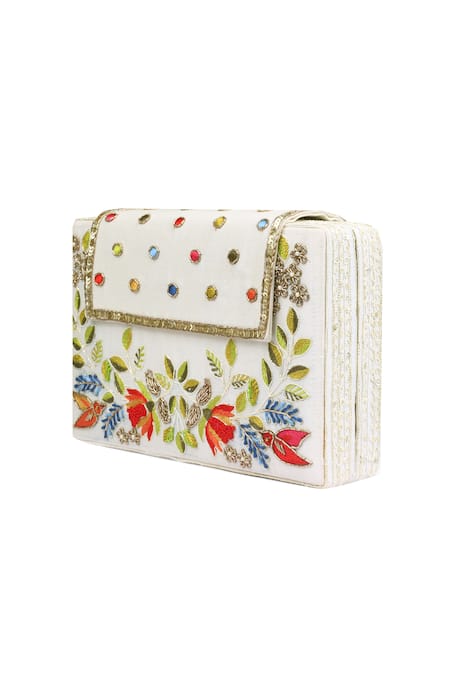 Priyanka Jain_White Embroidery Chanderi Flap Box Clutch _Online_at_Aza_Fashions