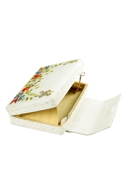 Buy_Priyanka Jain_White Embroidery Chanderi Flap Box Clutch _Online_at_Aza_Fashions