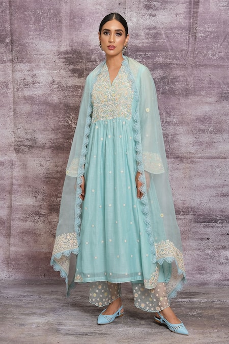 Buy_Label Niti Bothra_Blue Chanderi Dori , Resham V Neck Kurta And Palazzo Set _Online_at_Aza_Fashions