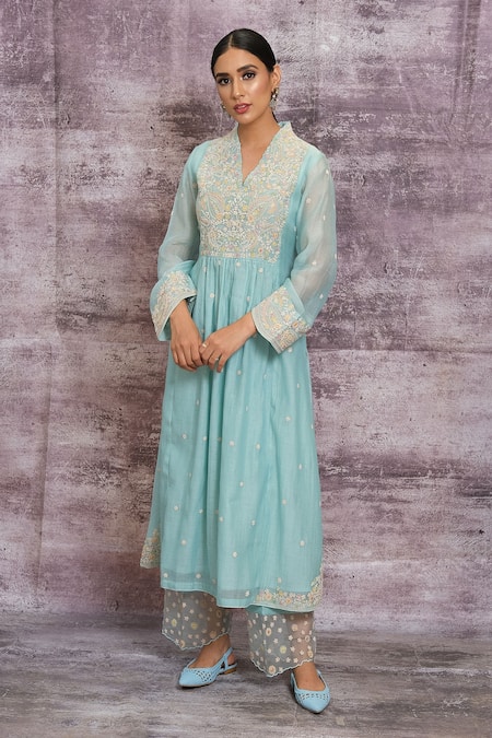 Shop_Label Niti Bothra_Blue Chanderi Dori , Resham V Neck Kurta And Palazzo Set _Online_at_Aza_Fashions
