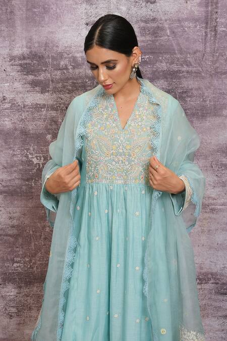Label Niti Bothra_Blue Chanderi Dori , Resham V Neck Kurta And Palazzo Set _at_Aza_Fashions