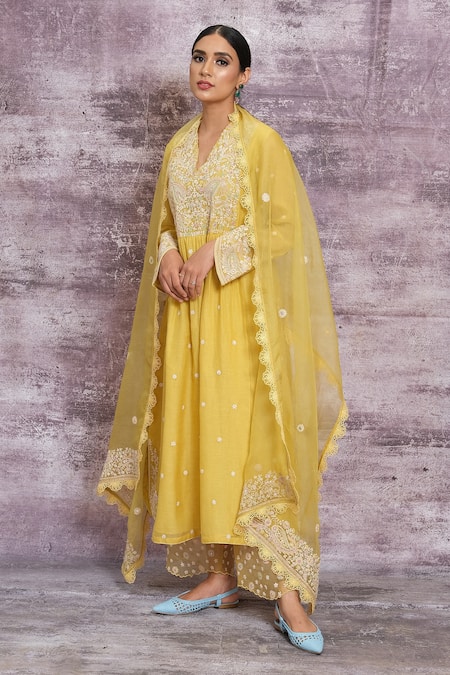 Shop_Label Niti Bothra_Yellow Chanderi Dori , Resham V Neck Kurta And Palazzo Set _Online_at_Aza_Fashions