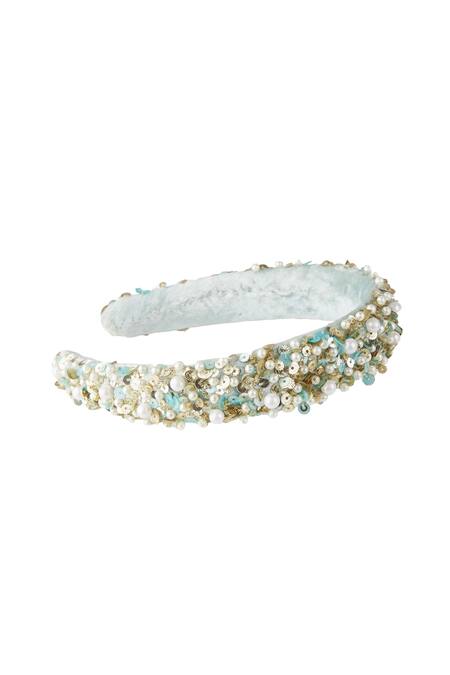 Priyanka Jain_Blue Sequins, Pearls Velvet Embroidered Hairband _Online_at_Aza_Fashions