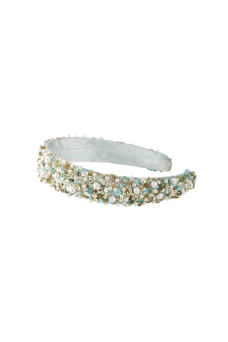 Buy_Priyanka Jain_Blue Sequins, Pearls Velvet Embroidered Hairband _Online_at_Aza_Fashions