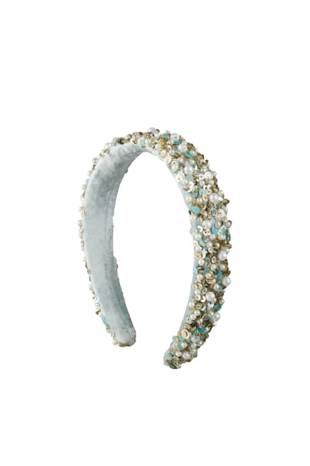 Shop_Priyanka Jain_Blue Sequins, Pearls Velvet Embroidered Hairband _Online_at_Aza_Fashions