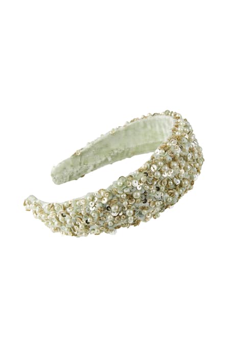 Priyanka Jain_Green Sequins, Pearls Velvet Embroidered Hairband _Online_at_Aza_Fashions
