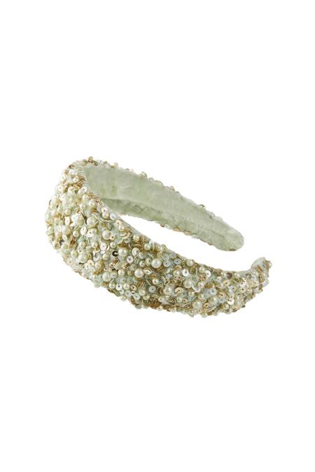Buy_Priyanka Jain_Green Sequins, Pearls Velvet Embroidered Hairband _Online_at_Aza_Fashions