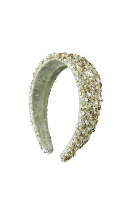 Shop_Priyanka Jain_Green Sequins, Pearls Velvet Embroidered Hairband _Online_at_Aza_Fashions