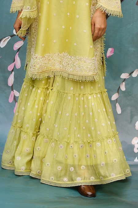 Label Niti Bothra_Green Chanderi Dori , Mirror , Resham Round Kurta Sharara Set _Online_at_Aza_Fashions