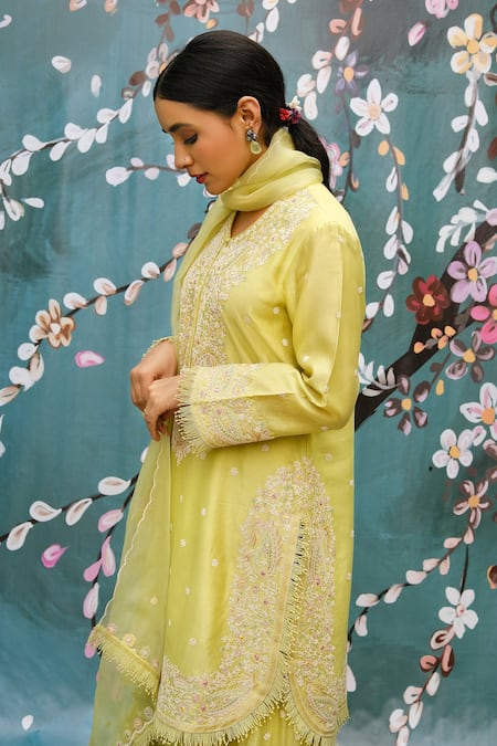Buy_Label Niti Bothra_Green Chanderi Dori , Mirror , Resham Round Kurta Sharara Set _Online_at_Aza_Fashions