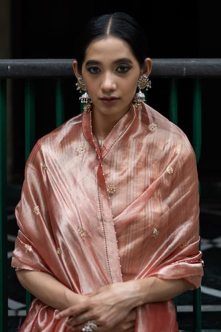 Shop_Deep Thee_Pink Tissue Silk Zardozi And Sequins Round Floral Embroidered Saree With Blouse _at_Aza_Fashions