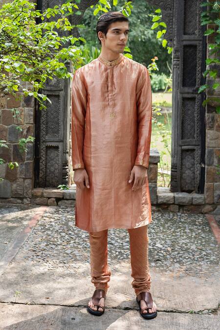 Deep Thee_Pink Tissue Silk Aari Work Kurta And Churidar Set _Online_at_Aza_Fashions