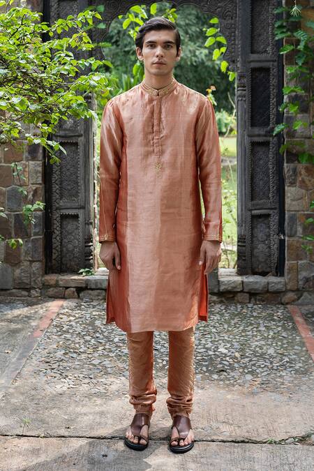 Buy_Deep Thee_Pink Tissue Silk Aari Work Kurta And Churidar Set _Online_at_Aza_Fashions