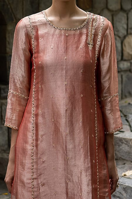 Deep Thee_Pink Tissue Silk Zardozi And Sequins Round Embroidered Kurta & Pant Set_Online_at_Aza_Fashions