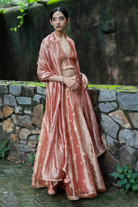 Shop_Deep Thee_Pink Tissue Silk Aari, Zardozi And Sequins Floral Embroidered Bridal Lehenga Set _at_Aza_Fashions