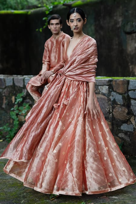Buy_Deep Thee_Pink Tissue Silk Aari, Zardozi And Sequins Floral Embroidered Bridal Lehenga Set _Online_at_Aza_Fashions