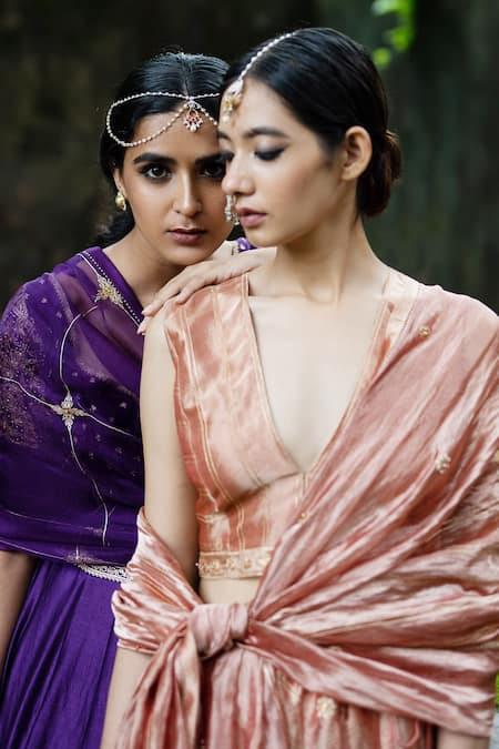 Deep Thee_Pink Tissue Silk Aari, Zardozi And Sequins Floral Embroidered Bridal Lehenga Set _at_Aza_Fashions