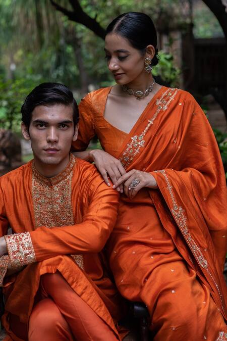 Deep Thee_Orange Silk Floral Yoke Embroidered Kurta And Churidar Set _Online_at_Aza_Fashions