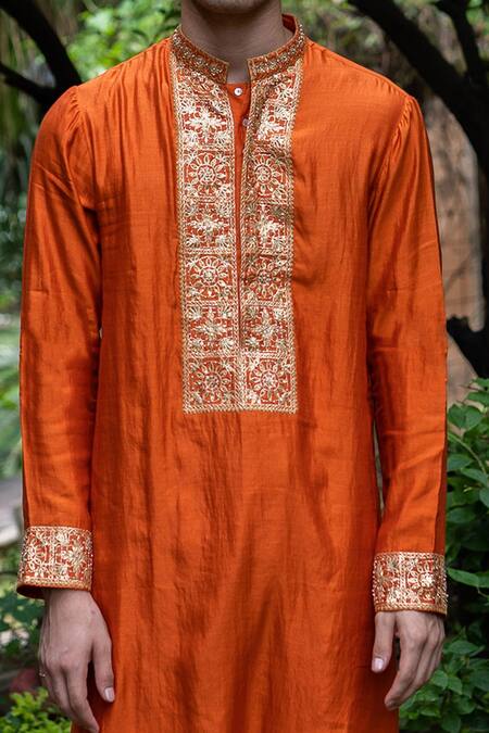 Buy_Deep Thee_Orange Silk Floral Yoke Embroidered Kurta And Churidar Set _Online_at_Aza_Fashions
