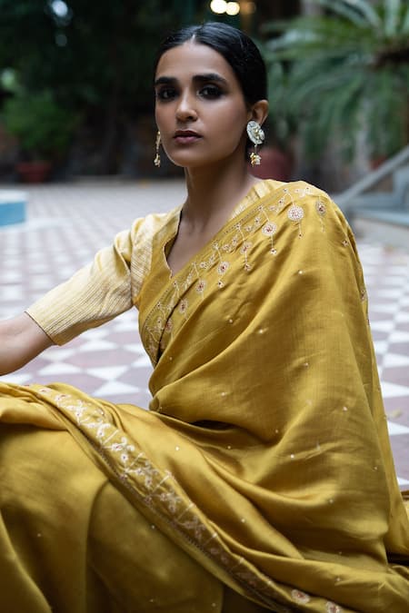 Deep Thee_Yellow Silk, Banarasi Aari And Zardozi V Embroidered Border Saree With Blouse_Online_at_Aza_Fashions