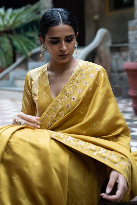 Buy_Deep Thee_Yellow Silk, Banarasi Aari And Zardozi V Embroidered Border Saree With Blouse_Online_at_Aza_Fashions