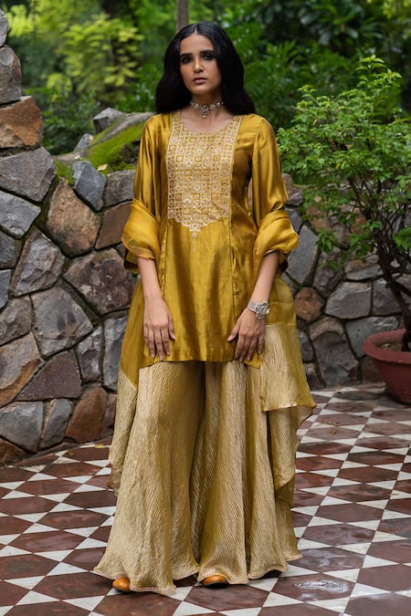 Deep Thee_Yellow Silk, Organza Floral Round Yoke Embroidered Kurta Sharara Set_Online_at_Aza_Fashions