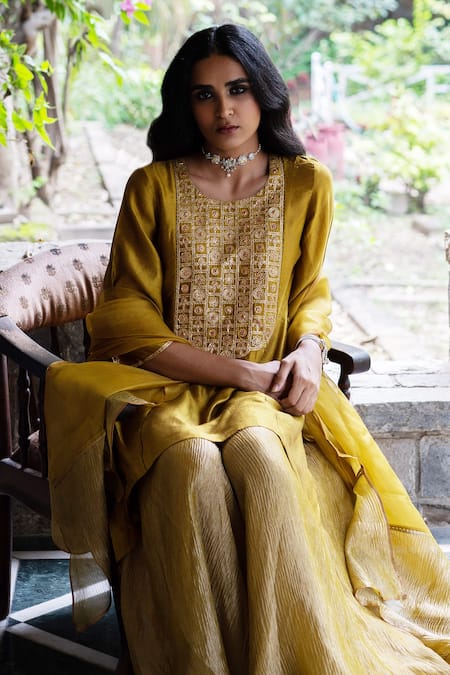 Buy_Deep Thee_Yellow Silk, Organza Floral Round Yoke Embroidered Kurta Sharara Set_Online_at_Aza_Fashions