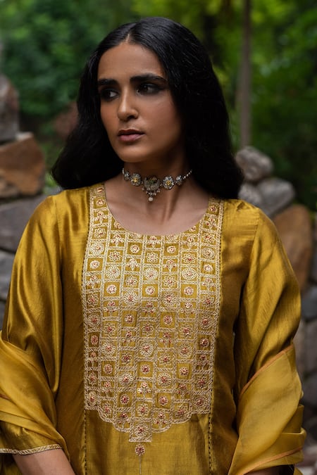 Shop_Deep Thee_Yellow Silk, Organza Floral Round Yoke Embroidered Kurta Sharara Set_Online_at_Aza_Fashions